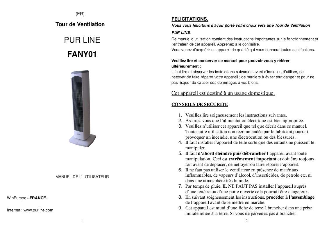 Guide utilisation  PUR LINE FANY 01  de la marque PUR LINE