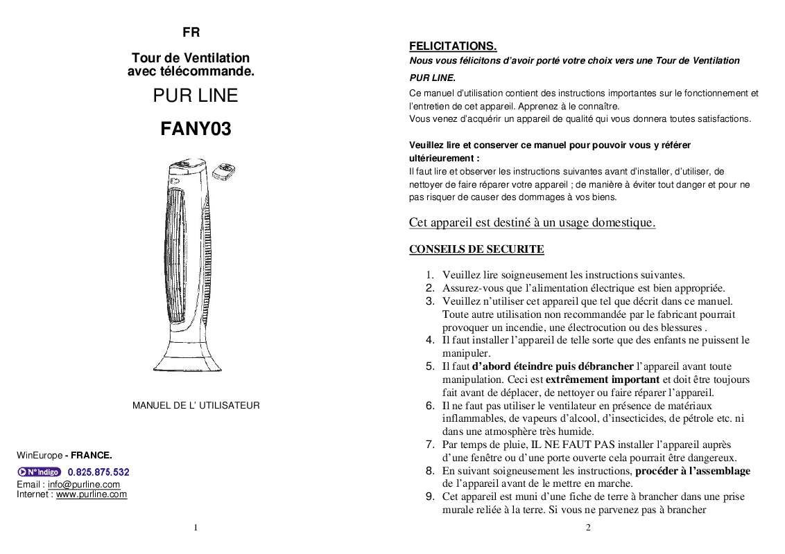 Guide utilisation  PUR LINE FANY 03  de la marque PUR LINE