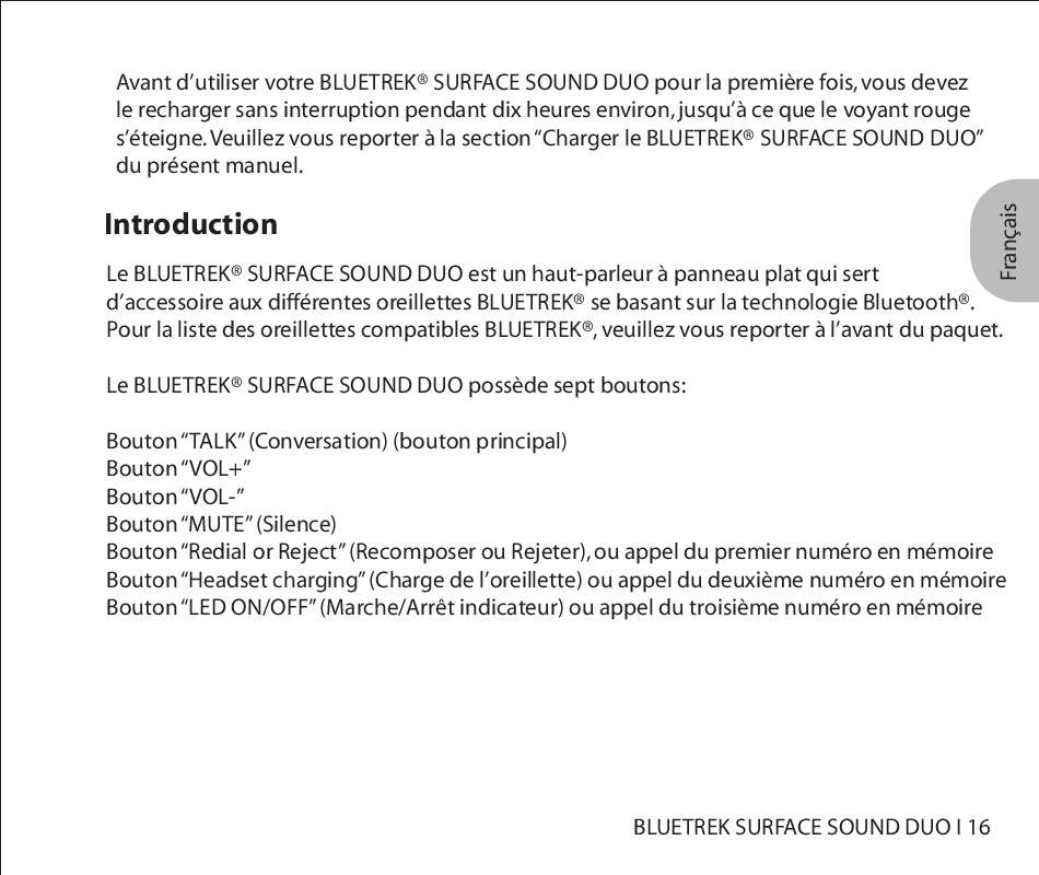 Guide utilisation BLUETREK SURFACE SOUND DUO  de la marque BLUETREK