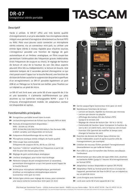 Guide utilisation  TASCAM DR-07  de la marque TASCAM