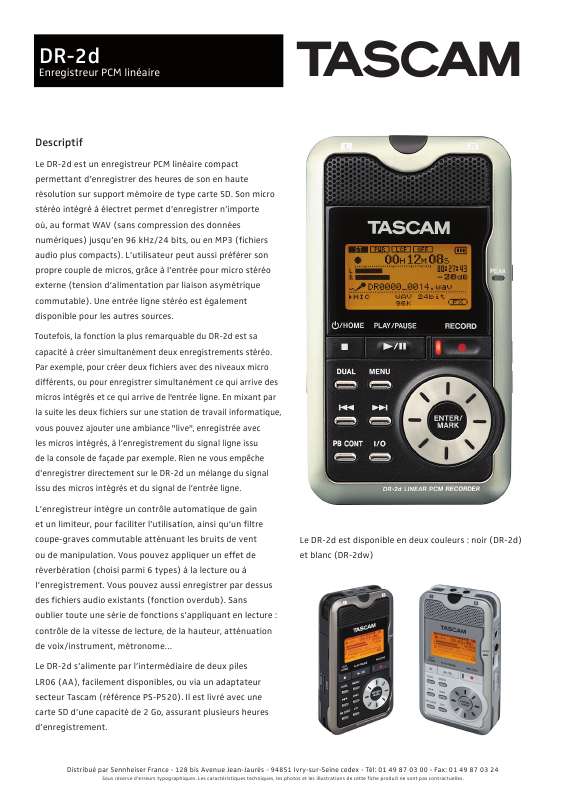 Guide utilisation  TASCAM DR-2D  de la marque TASCAM