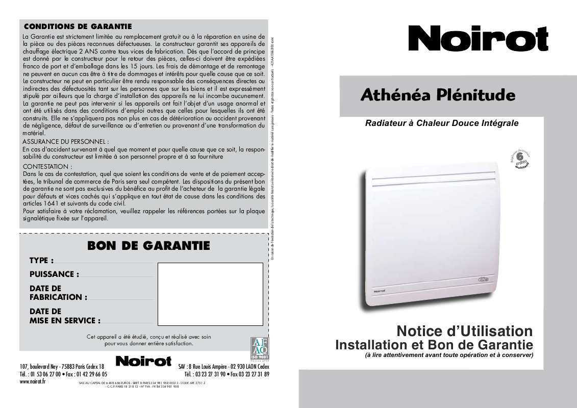 Guide utilisation NOIROT ATHENEA PLENITUDE  de la marque NOIROT