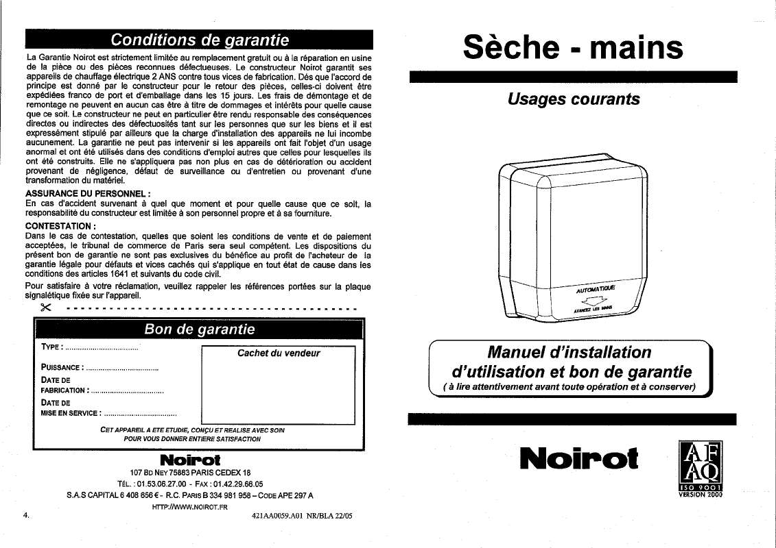 Guide utilisation NOIROT SECHE-MAINS  de la marque NOIROT