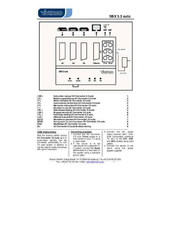 Guide utilisation VIVANCO SBX 3.3 AUTO-AUTOMATIC AV SCART SWITCH BOX AND DISTRIBUTION AMPLIFIER  de la marque VIVANCO