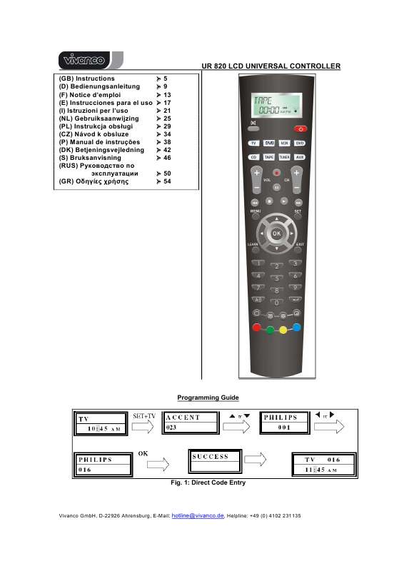Guide utilisation VIVANCO UNIVERSAL CONTROLLER UR 820 LCD  de la marque VIVANCO