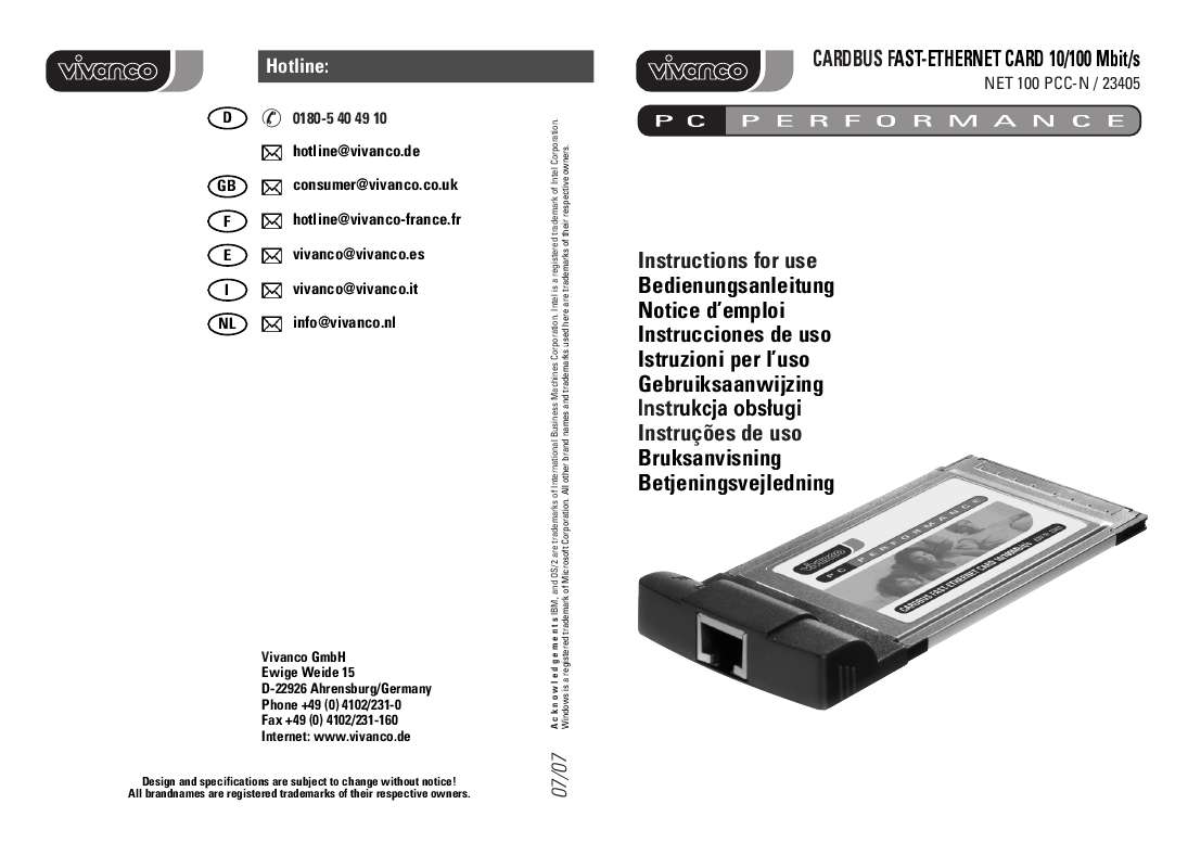 Guide utilisation VIVANCO CARDBUS FAST-ETHERNET CARD 10-100MB  de la marque VIVANCO