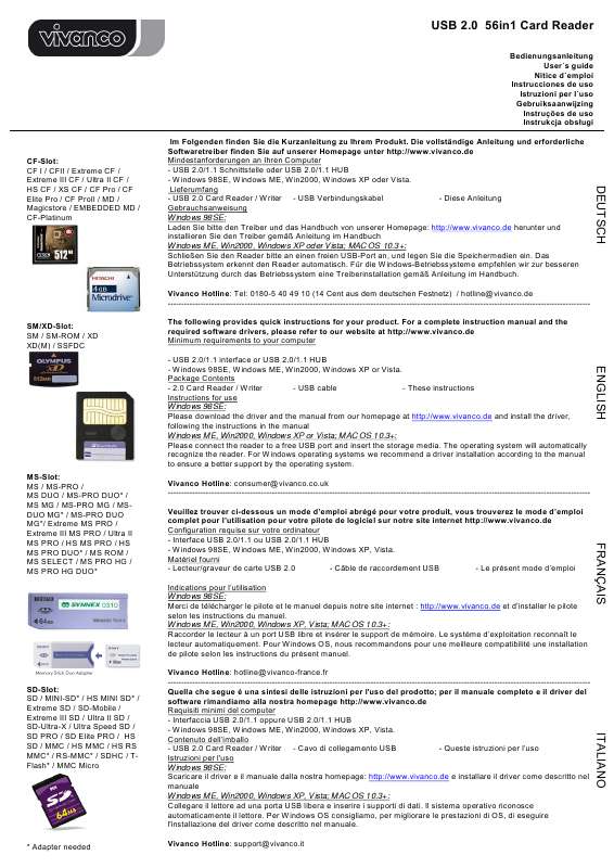 Guide utilisation VIVANCO USB 2.0 56IN1 CARD READER  de la marque VIVANCO