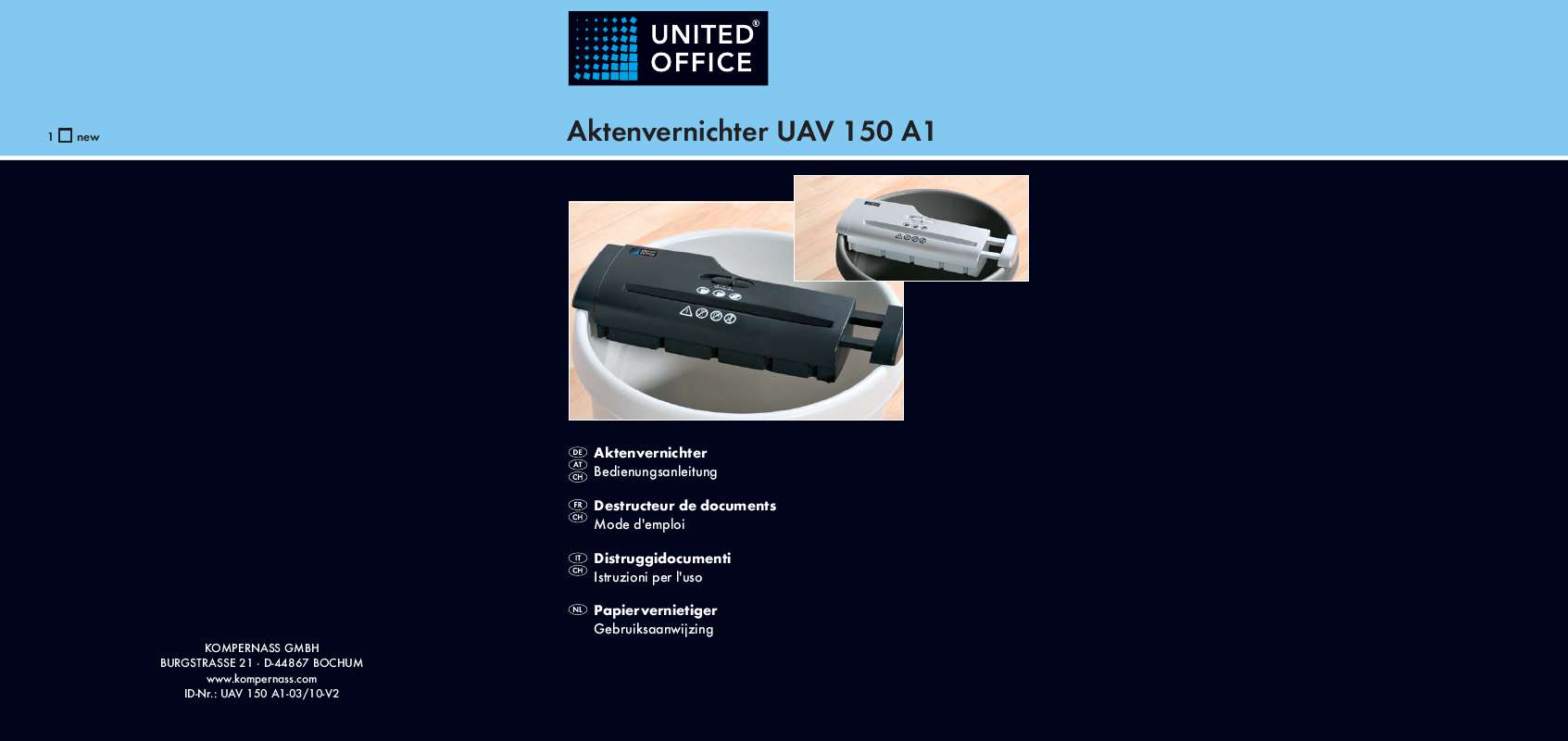 Guide utilisation  UNITED OFFICE UAV 150 A1 DOCUMENT SHREDDER  de la marque UNITED OFFICE