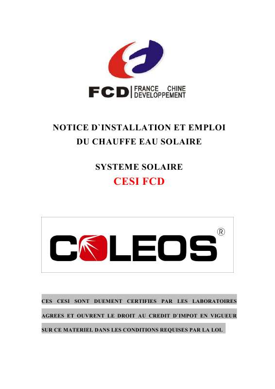 Guide utilisation  COLEOS CHAUFFE EAU SOLAIRE COLEOS CESI FCD  de la marque COLEOS