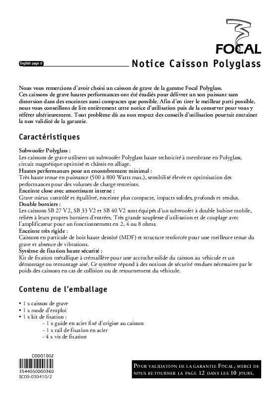 Guide utilisation FOCAL CAISSON POLYGLASS  de la marque FOCAL