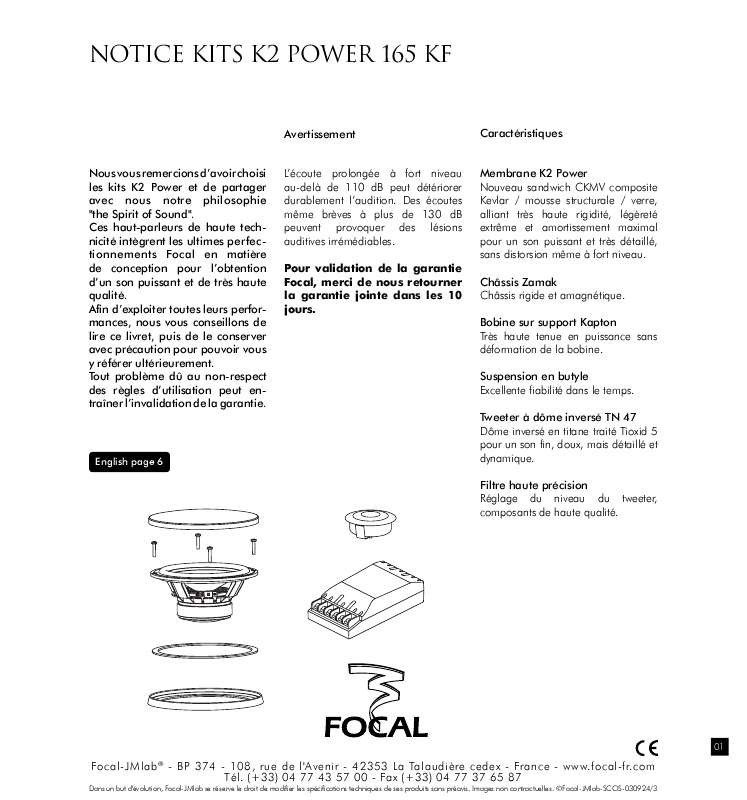 Guide utilisation FOCAL KIT K2 POWER 165 KF  de la marque FOCAL