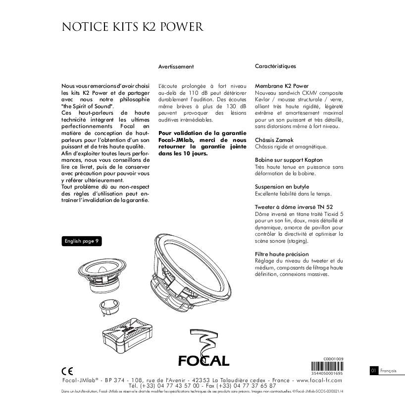 Guide utilisation FOCAL KITS K2 POWER  de la marque FOCAL