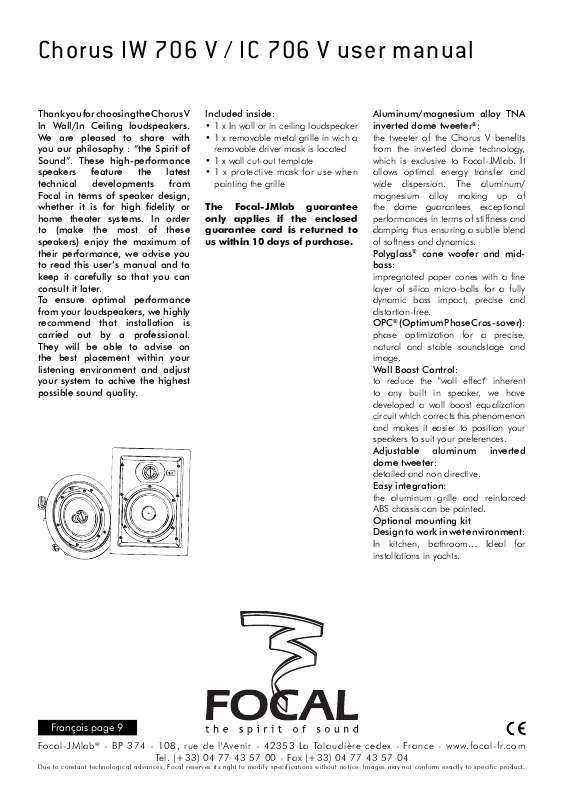 Guide utilisation FOCAL CHORUS IC 706 V  de la marque FOCAL