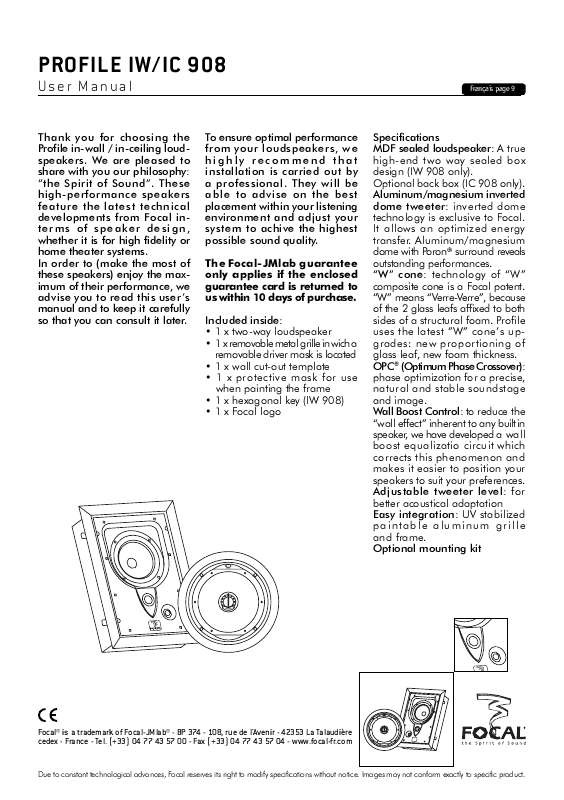 Guide utilisation FOCAL PROFILE IC 908  de la marque FOCAL