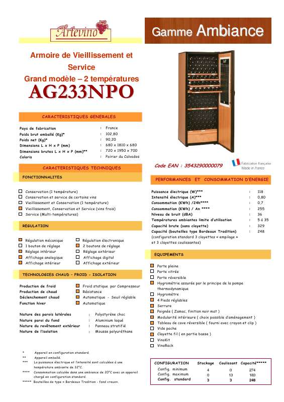 Guide utilisation ARTEVINO AG233NPO  de la marque ARTEVINO