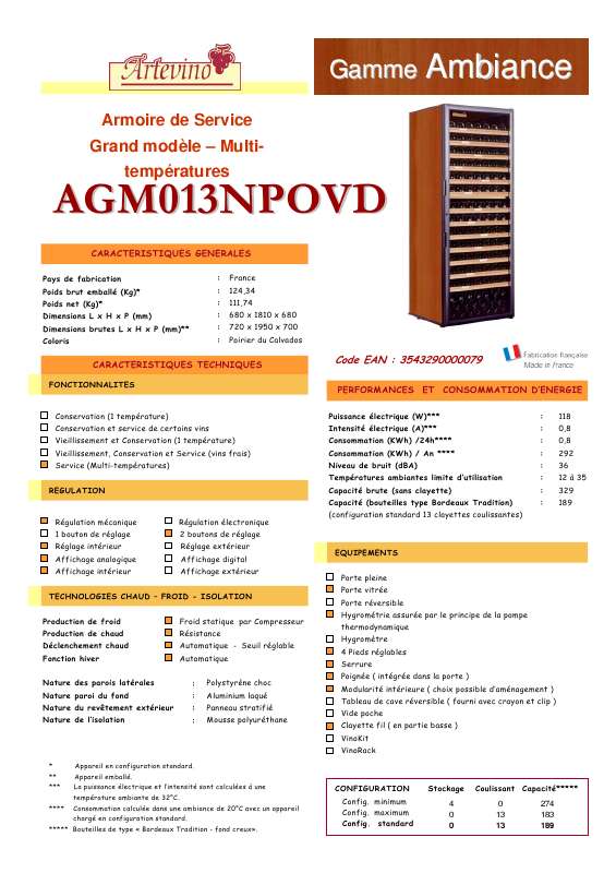 Guide utilisation ARTEVINO AGM013NPOVD  de la marque ARTEVINO
