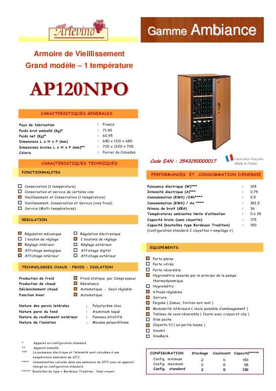 Guide utilisation ARTEVINO AP120NPO  de la marque ARTEVINO