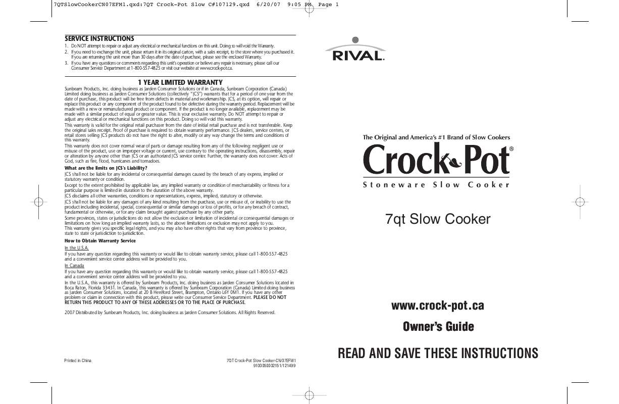 Guide utilisation  CROCK POT SCV703W-CN 7QT SLOW COOKER  de la marque CROCK POT