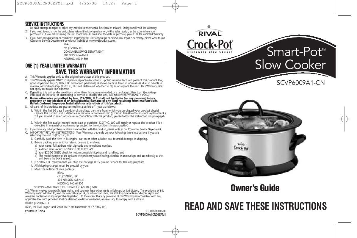 Guide utilisation  CROCK POT SCVP6009A1-CN SMART POT SLOW COOKER  de la marque CROCK POT