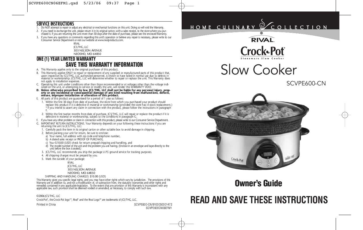 Guide utilisation  CROCK POT SCVPE600-CN  de la marque CROCK POT