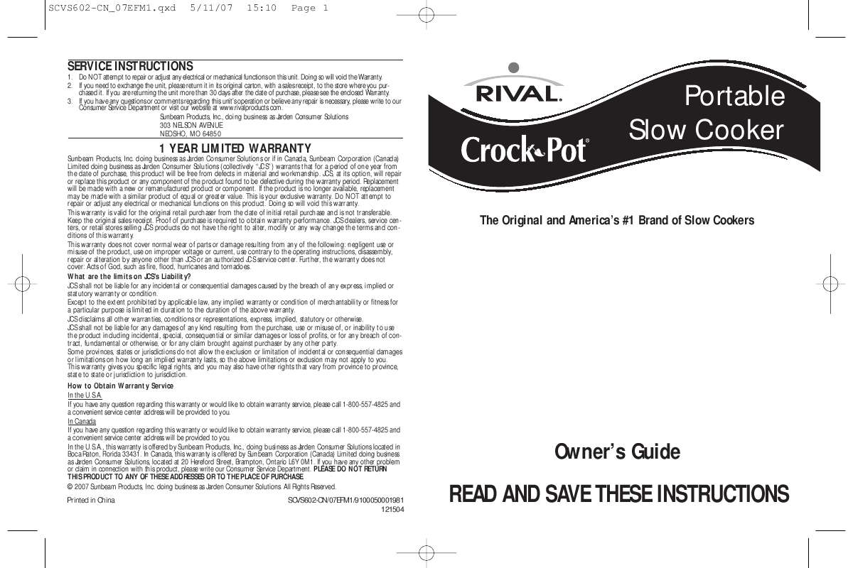 Guide utilisation  CROCK POT SCVS602-CN PORTABLE SLOW COOKER  de la marque CROCK POT