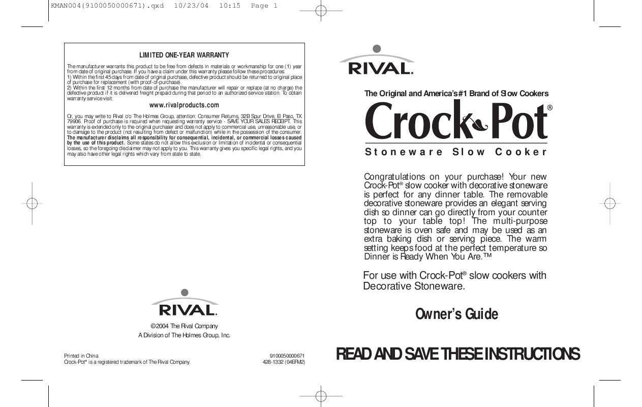 Guide utilisation  CROCK POT STONEWARE SLOW COOKER  de la marque CROCK POT