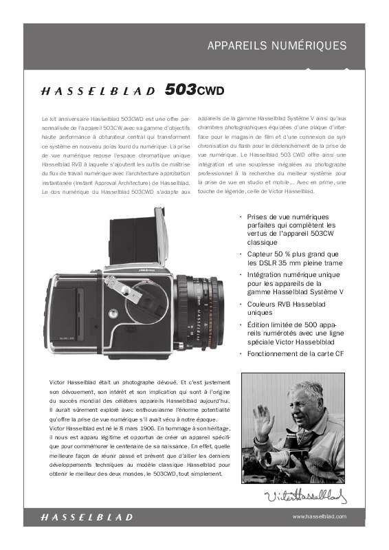 Guide utilisation  HASSELBLAD 503CWD  de la marque HASSELBLAD