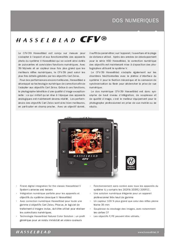 Guide utilisation  HASSELBLAD CFV  de la marque HASSELBLAD