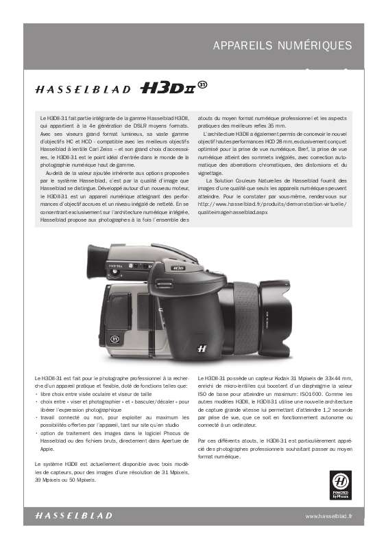 Guide utilisation  HASSELBLAD H3DII31  de la marque HASSELBLAD