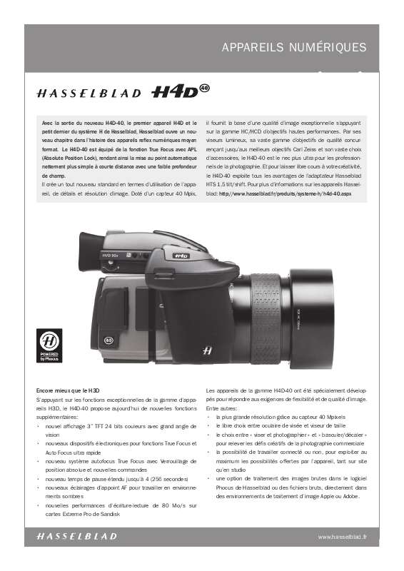 Guide utilisation  HASSELBLAD H4D-40  de la marque HASSELBLAD