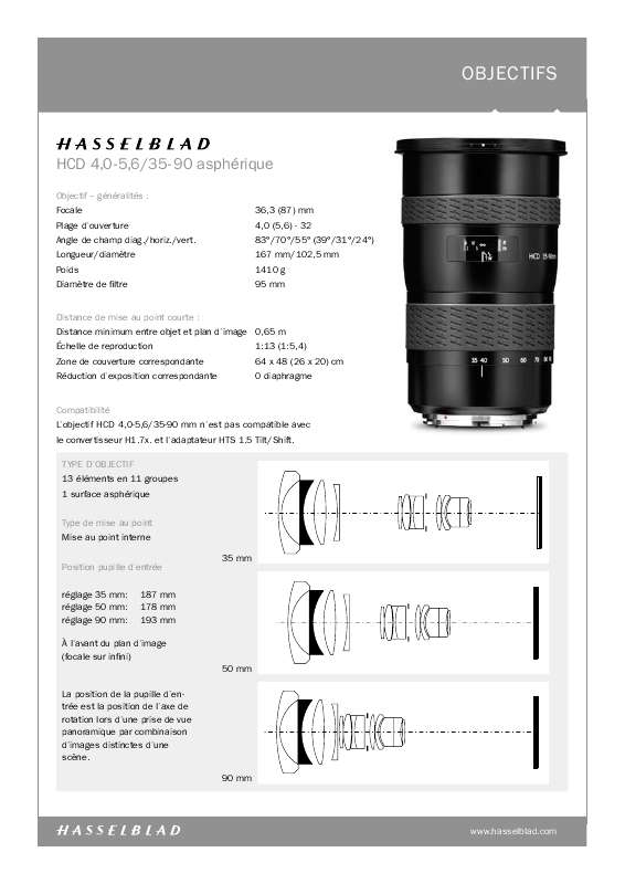 Guide utilisation  HASSELBLAD HCD 4.0-5.6 35-90  de la marque HASSELBLAD