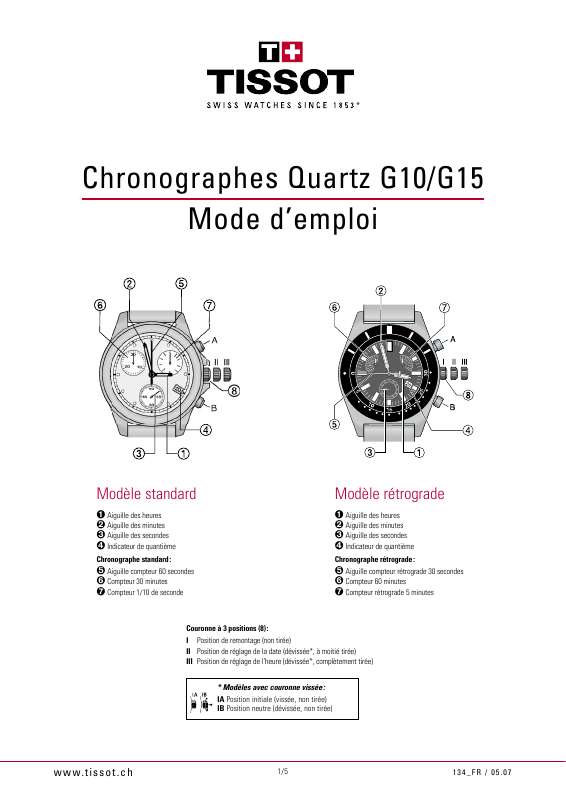 Guide utilisation  TISSOT CHRONOGRAPHES QUARTZ G15  de la marque TISSOT