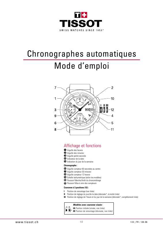 Guide utilisation  TISSOT CHRONOGRAPHES AUTOMATIQUES  de la marque TISSOT