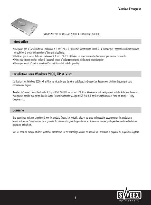 Guide utilisation SWEEX CR100  de la marque SWEEX