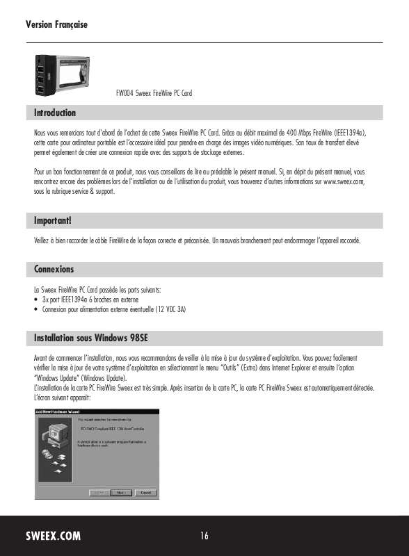 Guide utilisation SWEEX FW004  de la marque SWEEX