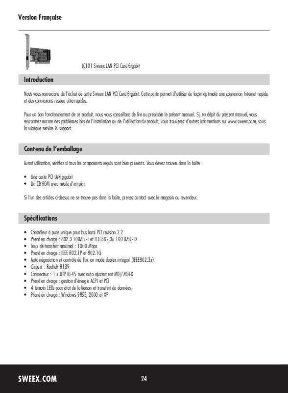 Guide utilisation SWEEX LC101  de la marque SWEEX