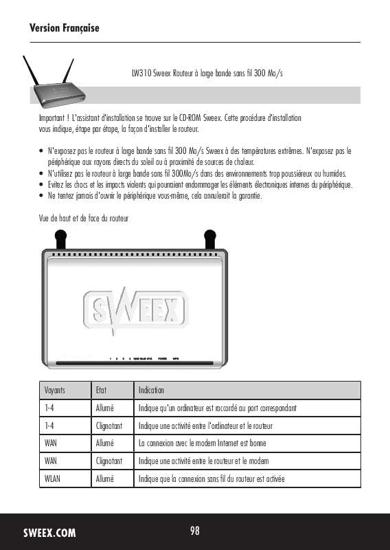Guide utilisation SWEEX LW310  de la marque SWEEX