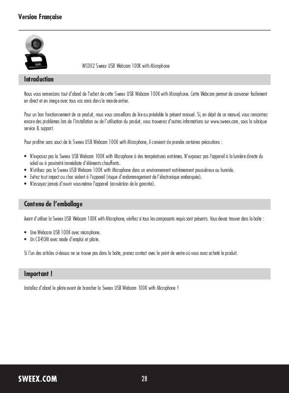 Guide utilisation SWEEX WC002  de la marque SWEEX