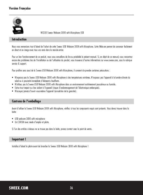 Guide utilisation SWEEX WC030  de la marque SWEEX