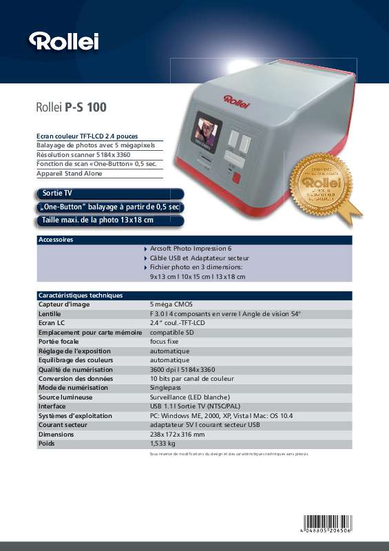 Guide utilisation  ROLLEI P-S 100  de la marque ROLLEI
