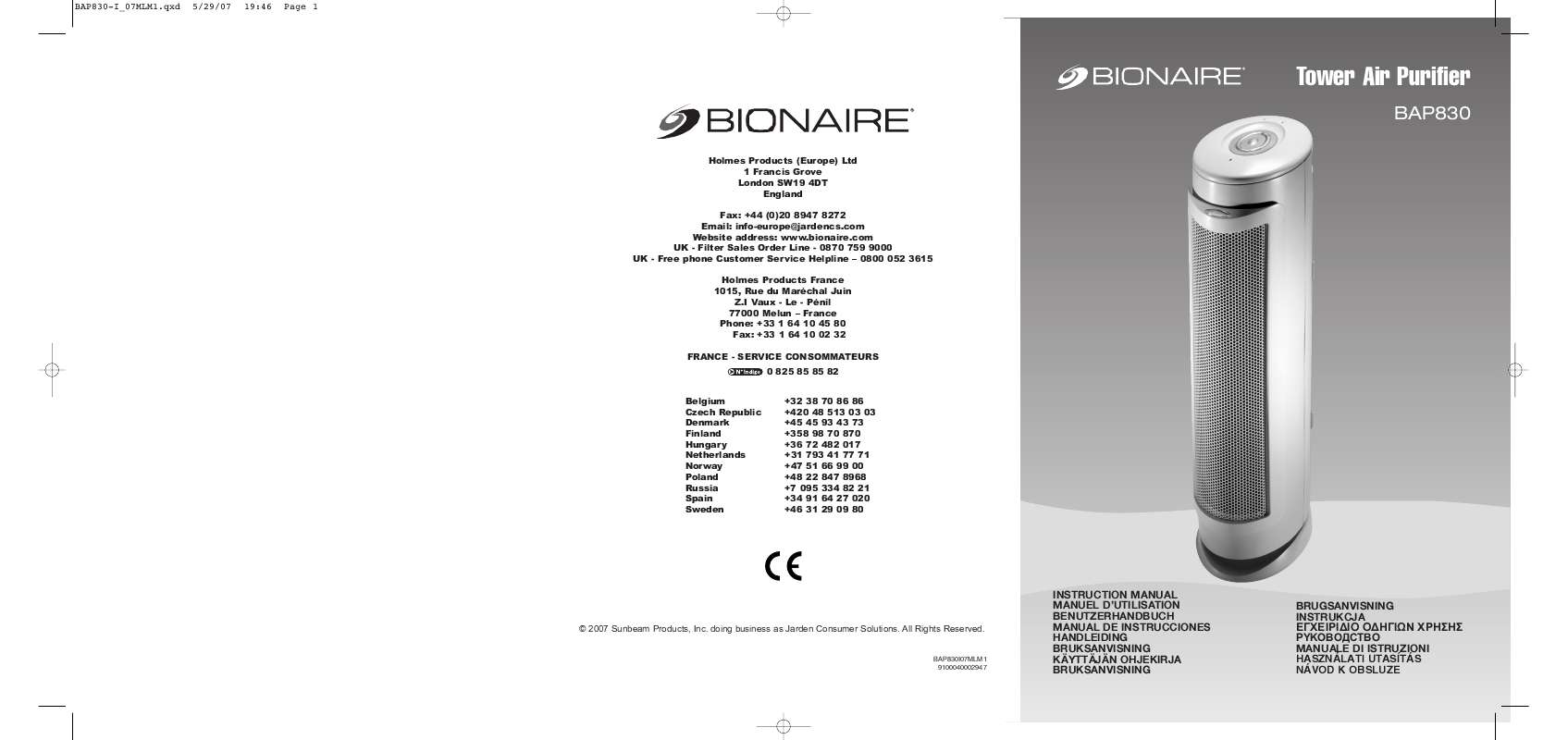 Guide utilisation BIONAIRE BAP830  de la marque BIONAIRE