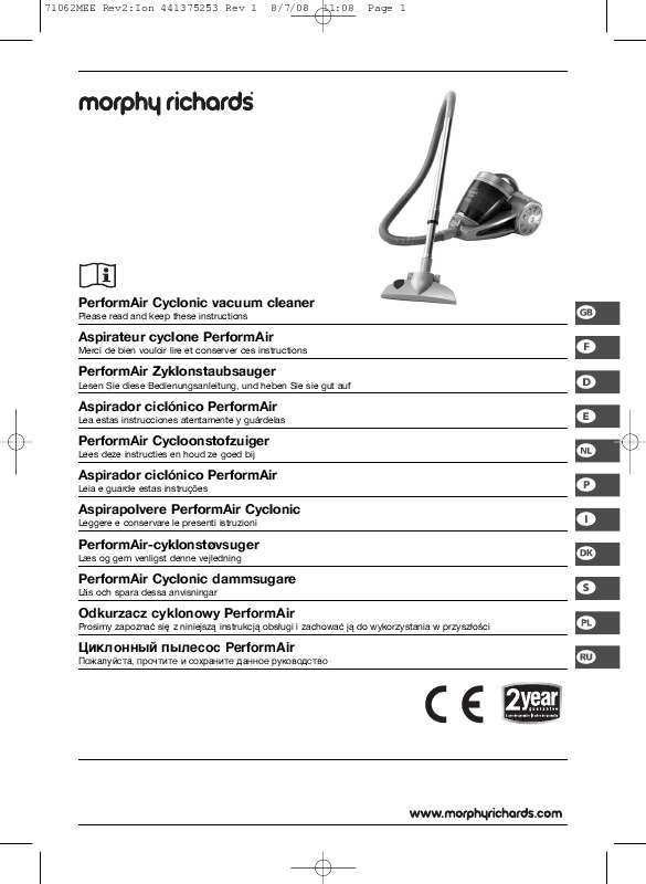 Guide utilisation MORPHY RICHARDS PERFORMAIR CYCLONIC VACUUM CLEANER 71062  de la marque MORPHY RICHARDS