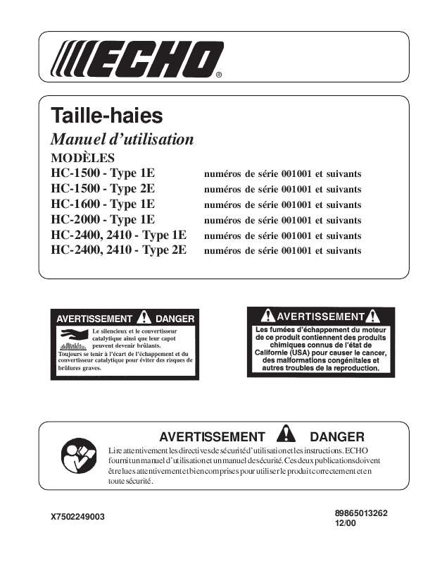 Guide utilisation ECHO HC-2000 TYPE 1E  de la marque ECHO