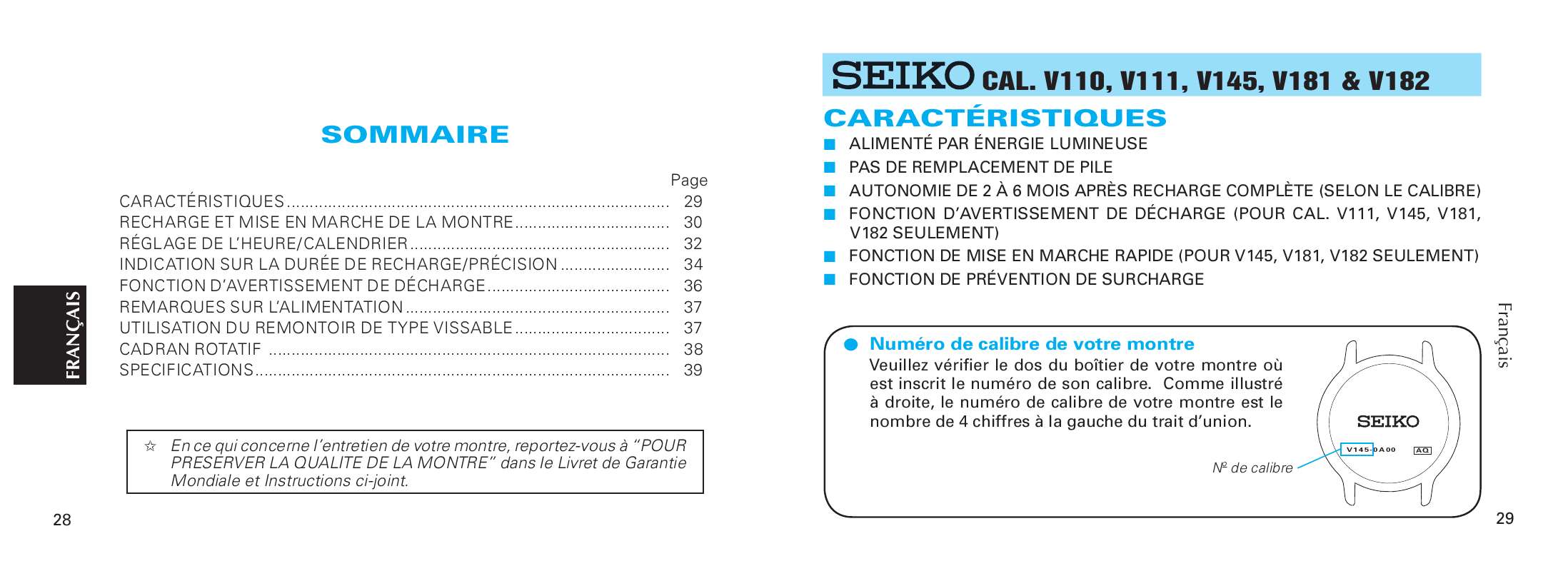 Guide utilisation  SEIKO V182 SOLAR  de la marque SEIKO