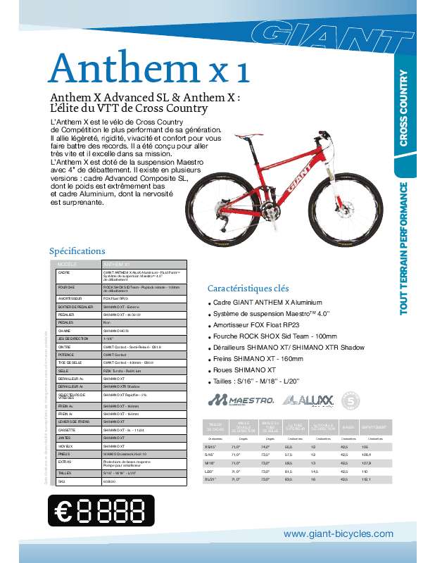 Guide utilisation  GIANT ANTHEM X1  de la marque GIANT