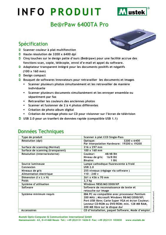 Guide utilisation MUSTEK BE@RPAW 6400 TA PRO  de la marque MUSTEK