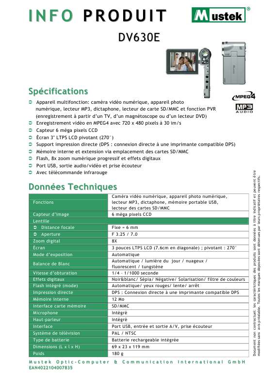 Guide utilisation MUSTEK DV 630E  de la marque MUSTEK