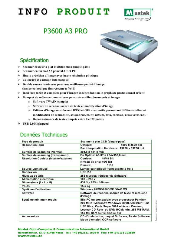 Guide utilisation MUSTEK P 3600 A3 PRO  de la marque MUSTEK
