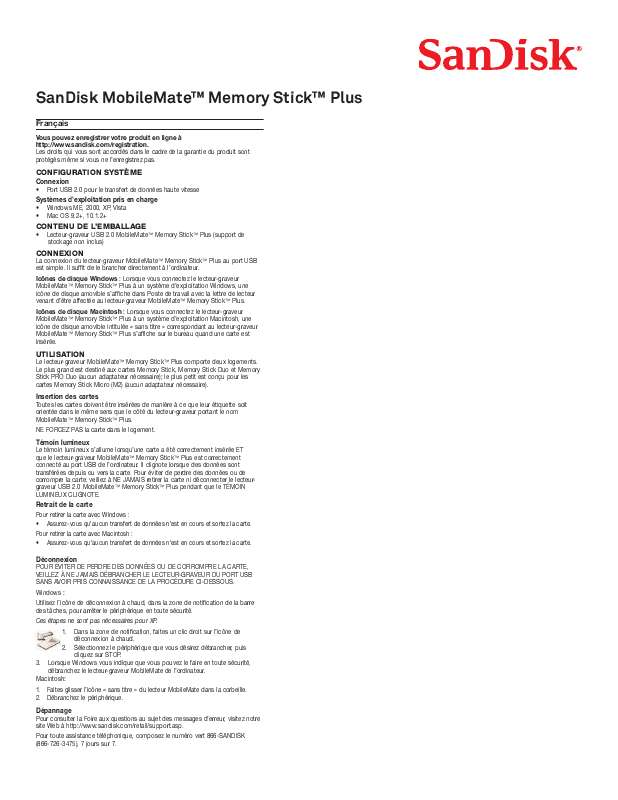 Guide utilisation  SANDISK MOBILEMATE MEMORY STICK PLUS READER  de la marque SANDISK