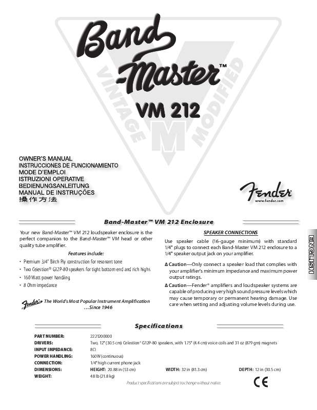 Guide utilisation  FENDER BAND-MASTER VM 212  de la marque FENDER